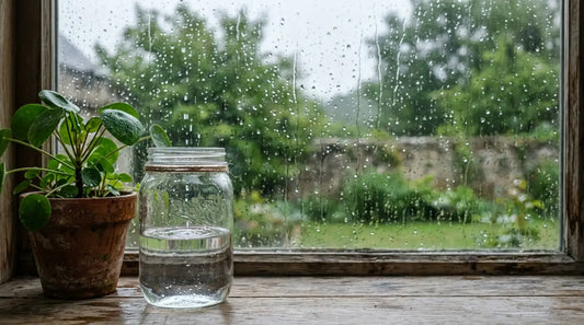 Bocal en verre recueillant de l'eau de pluie sur un rebord de fenêtre pluvieux, à côté d'un pilea, pour arroser les plantes d'intérieur