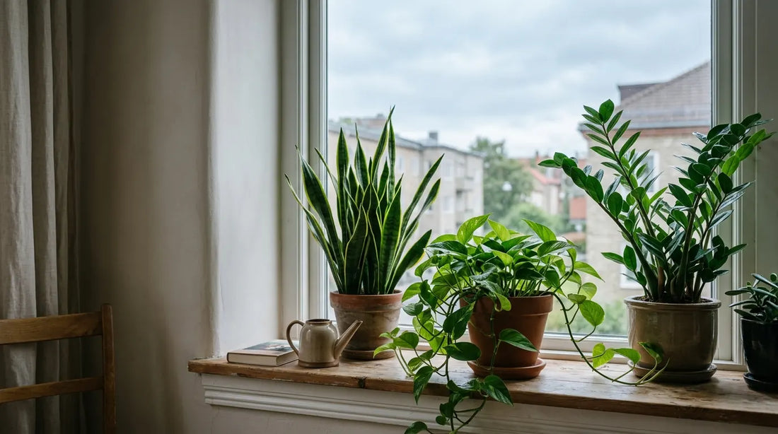 Sansevière, pothos et zamioculcas sur un rebord de fenêtre exposée au nord, des plantes qui tolèrent la faible luminosité