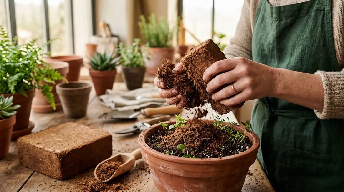 Mains émiettant un bloc de fibre de coco compressée dans un pot en terre cuite pour rempoter les plantes d'intérieur