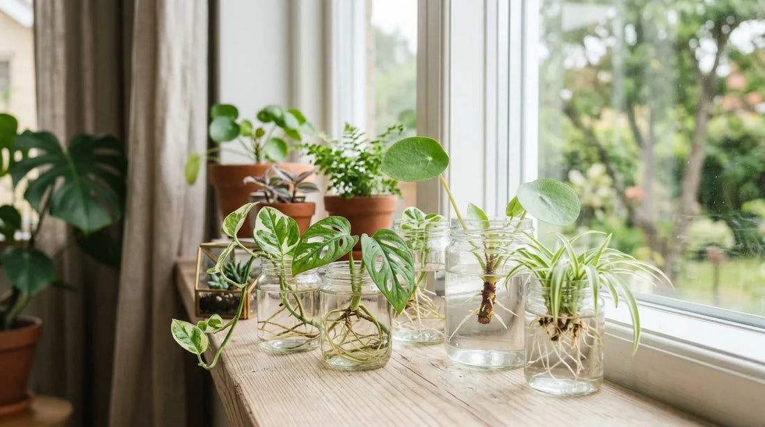 Boutures de plantes d'intérieur enracinant dans des bocaux d'eau sur un rebord de fenêtre, racines visibles dans l'eau.