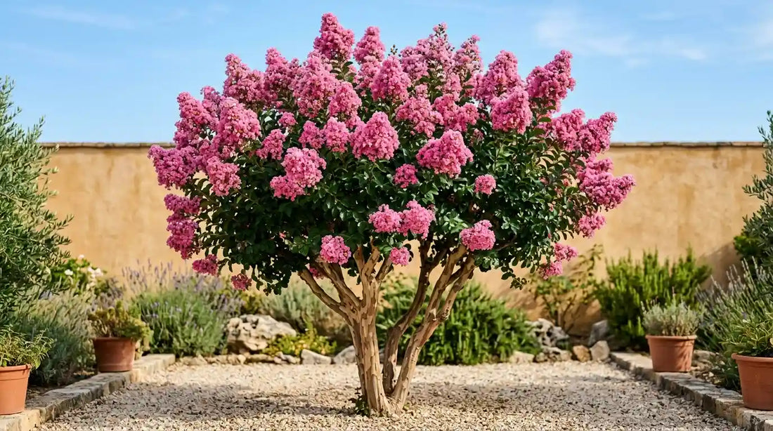 Lilas des Indes (Lagerstroemia indica) en floraison estivale rose, troncs multiples à écorce décorative, dans un jardin méditerranéen gravillonné