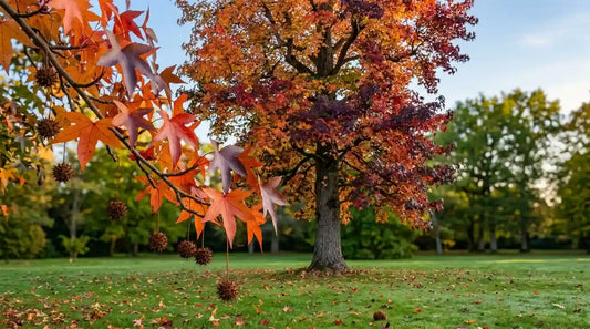 Liquidambar (Liquidambar styraciflua) au feuillage d'automne rouge et orangé et à ses fruits épineux caractéristiques.