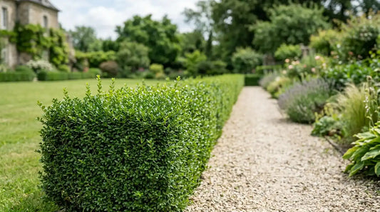 Haie basse de Lonicera nitida (chèvrefeuille arbustif) taillée au carré, petites feuilles vert foncé, bordant une allée de gravier au jardin