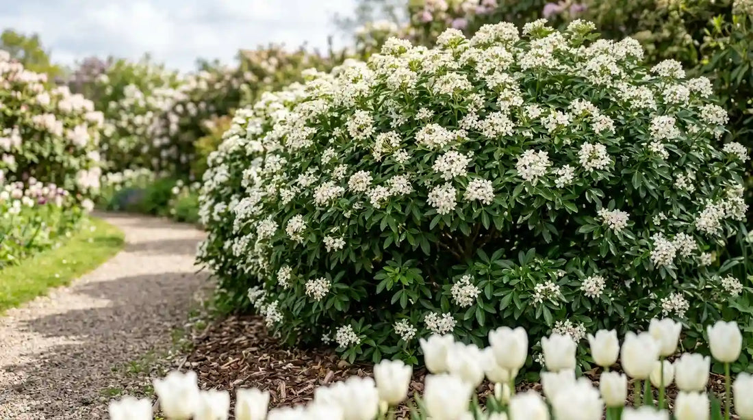 Oranger du Mexique (Choisya ternata) en pleine floraison printanière blanche, arbuste persistant en boule en bordure d'allée gravillonnée, tulipes blanches