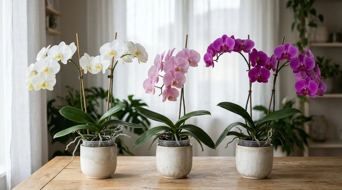Trois orchidées Phalaenopsis blanche, rose et violette en cache-pots crème sur une table en bois devant une fenêtre lumineuse