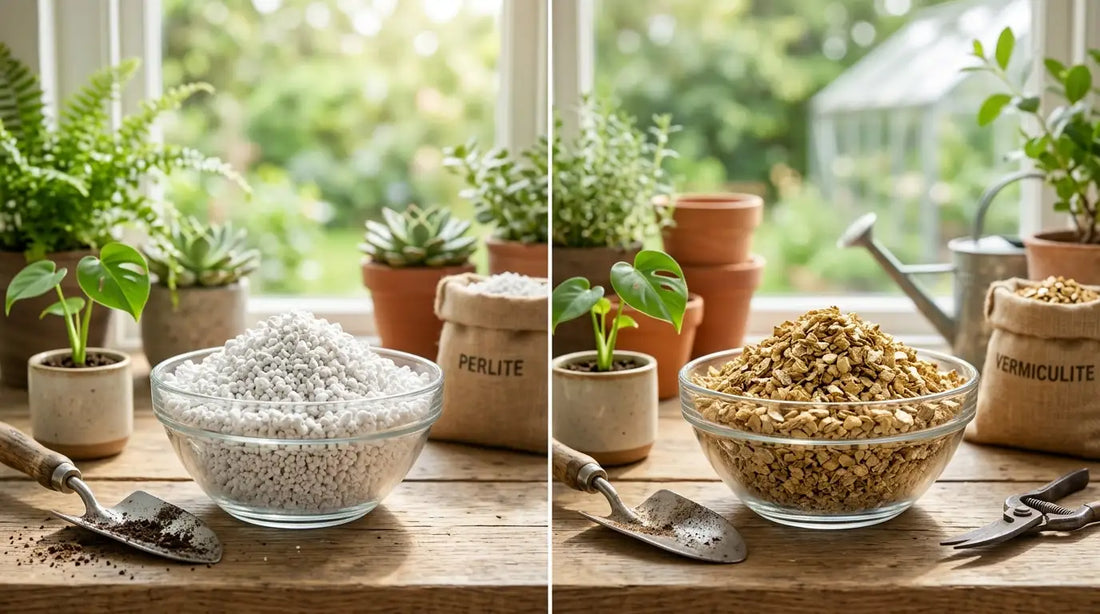 Comparaison visuelle entre des granulés de perlite blanche à gauche et de la vermiculite dorée à droite dans deux bols en verre pour le jardinage.