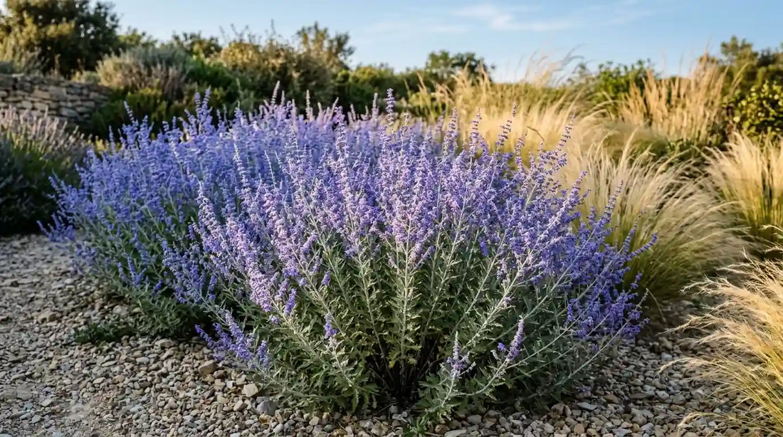 Perovskia (Perovskia atriplicifolia), la sauge de Sibérie aux épis bleu lavande, dans un jardin sec avec graminées.