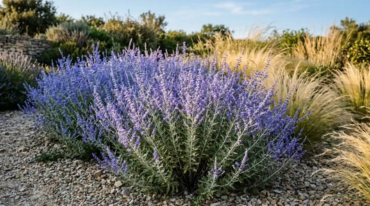 Perovskia (Perovskia atriplicifolia), la sauge de Sibérie aux épis bleu lavande, dans un jardin sec avec graminées.