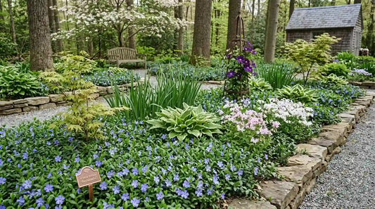 Petite pervenche (Vinca minor) en fleurs bleu-violet formant un couvre-sol dense à l'ombre des arbres, avec hostas et bordure en pierre