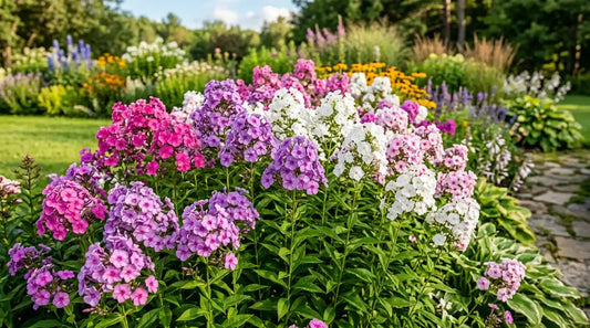Massif de phlox paniculés (Phlox paniculata) roses, mauves et blancs en pleine floraison estivale dans un jardin.