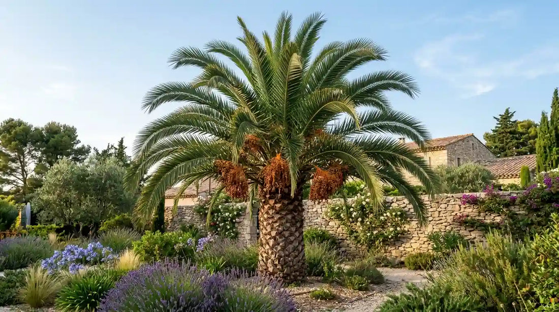 Palmier dattier des Canaries (Phoenix canariensis) au stipe massif dans un jardin méditerranéen bordé de lavandes.