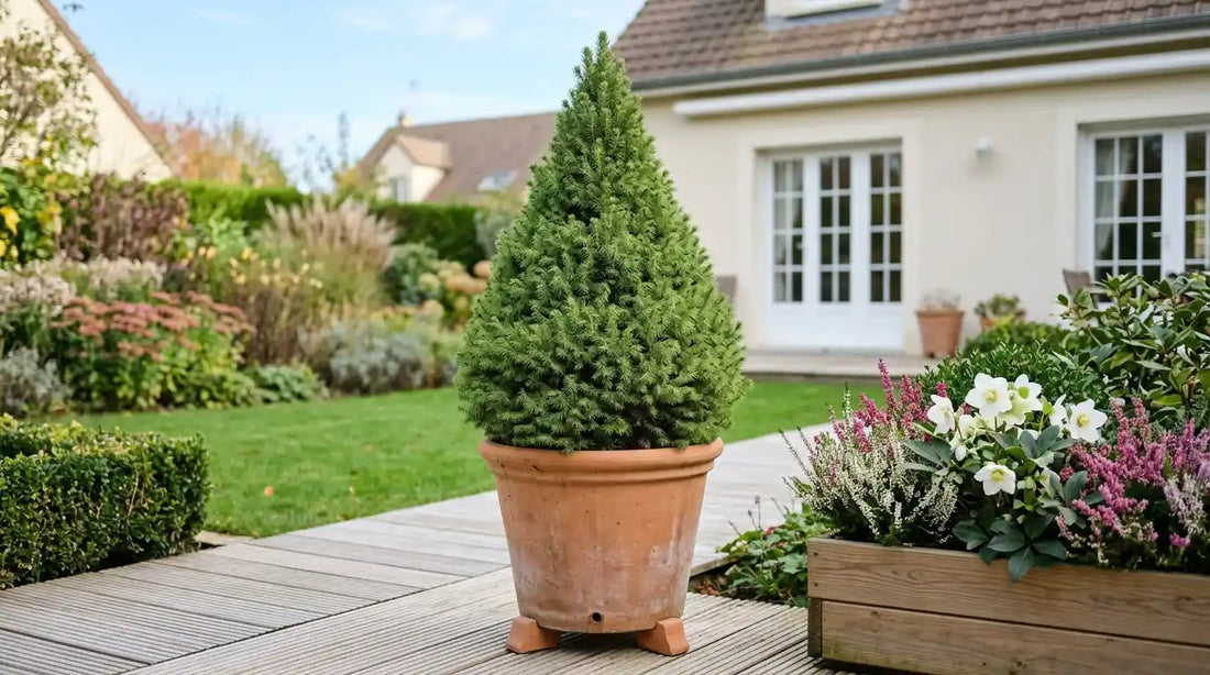Épicéa de l’Alberta nain Picea glauca ‘Conica’ en pot de terre cuite sur une terrasse en bois, silhouette conique dense vert clair, à côté d’une jardinière d’hiver avec hellébores blanches et bruyères