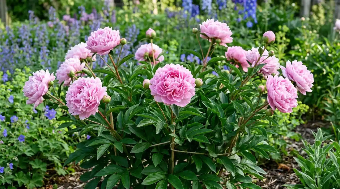 Pivoine herbacée (Paeonia lactiflora) aux fleurs doubles roses et boutons, tuteurée dans un massif de vivaces bleues au printemps