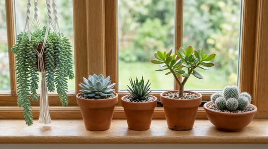 Plantes grasses d'intérieur sur un rebord de fenêtre : Sedum morganianum en suspension, Echeveria, Haworthia, arbre de jade Crassula ovata et petits cactus