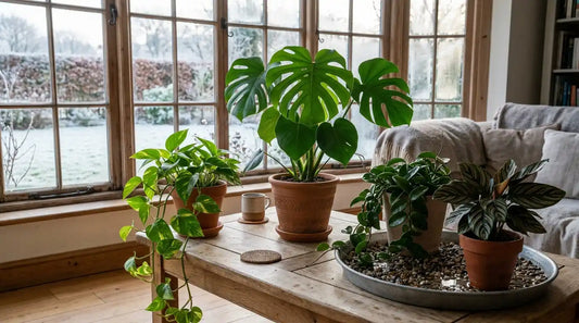 Plantes d’intérieur en hiver près d’une fenêtre : Monstera, pothos retombant, Hoya et Calathea sur un plateau de graviers humides, jardin givré dehors