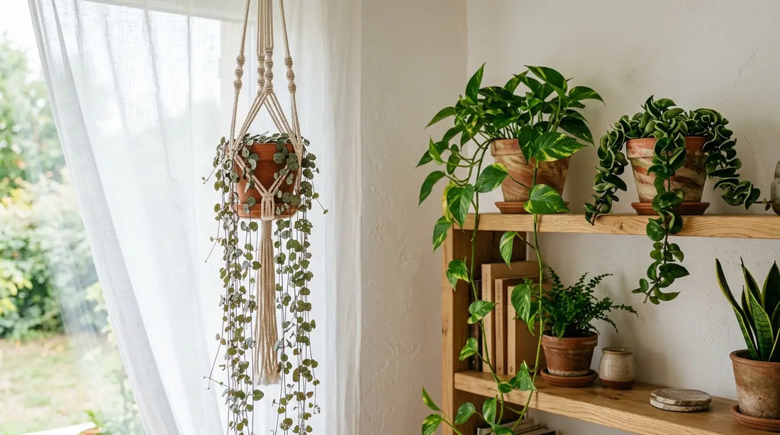 Plantes retombantes d'intérieur : chaîne des cœurs (Ceropegia woodii) en suspension macramé, pothos et Hoya en cascade sur une étagère en bois