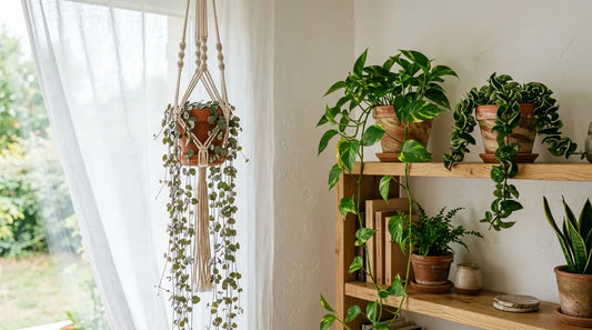 Plantes retombantes d'intérieur : chaîne des cœurs (Ceropegia woodii) en suspension macramé, pothos et Hoya en cascade sur une étagère en bois