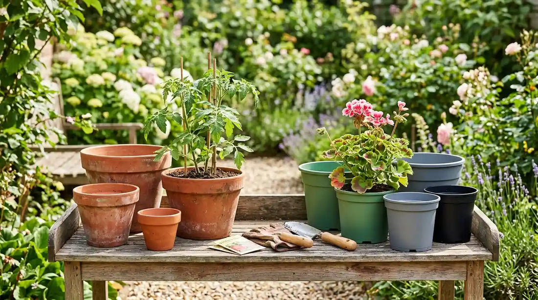"Comparaison visuelle sur une table de rempotage dans un jardin lumineux : pots en terre cuite classiques d'un côté, pots en plastique modernes et colorés de l'autre.