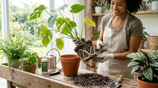 Une femme souriante taillant les racines abîmées d'une Monstera pour la rempoter afin de la traiter contre la pourriture racinaire, sur une table de jardinage lumineuse.