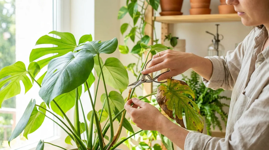 Femme taillant une feuille jaune et sèche d'une Monstera deliciosa avec des ciseaux d'élagage, près d'une fenêtre.