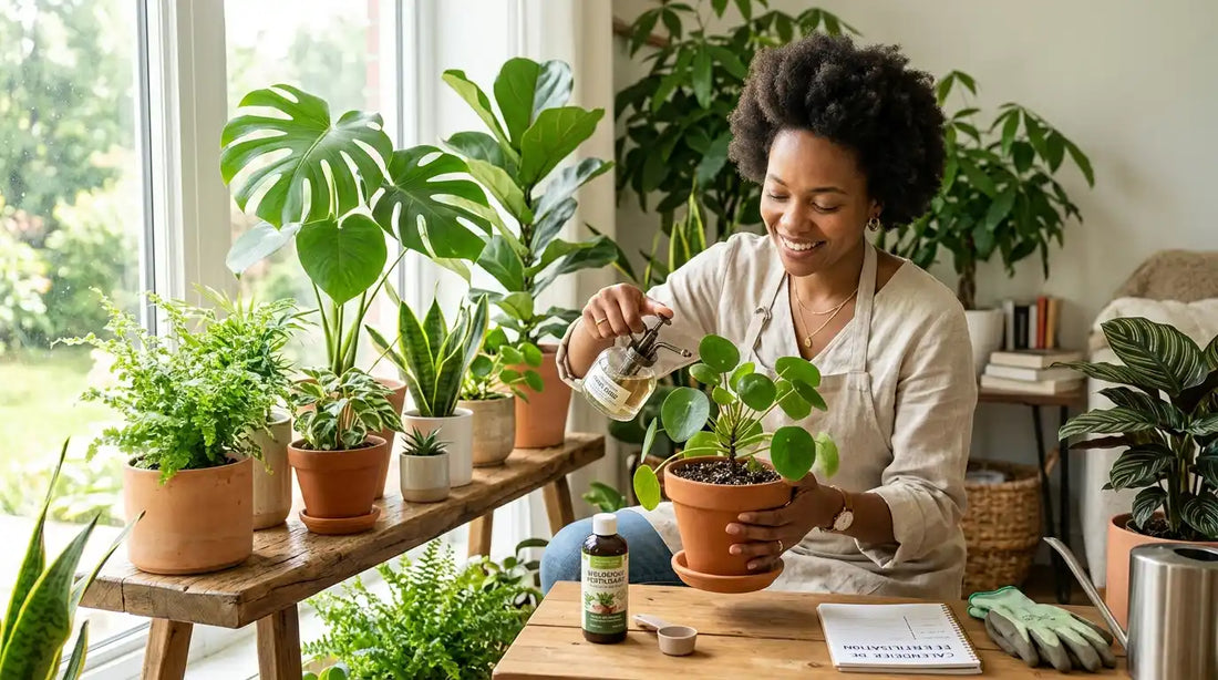 Femme souriante appliquant un engrais liquide sur un Pilea en pot, entourée de plantes d'intérieur vertes près d’une fenêtre lumineuse.