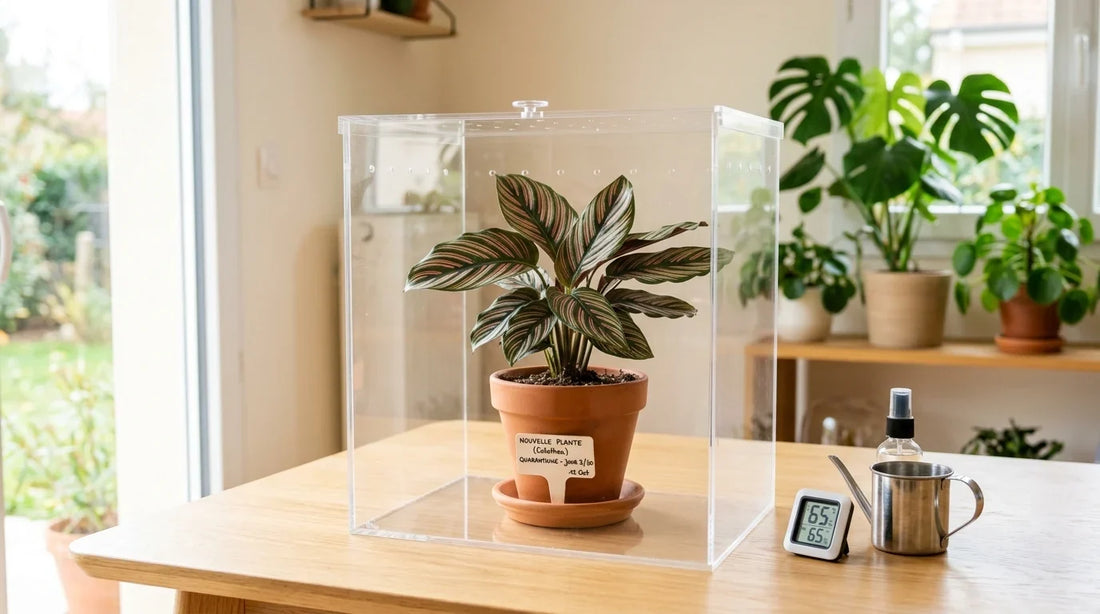 Calathea ornata en pot dans un grand terrarium en acrylique transparent avec une étiquette de quarantaine, posé sur une table en bois.