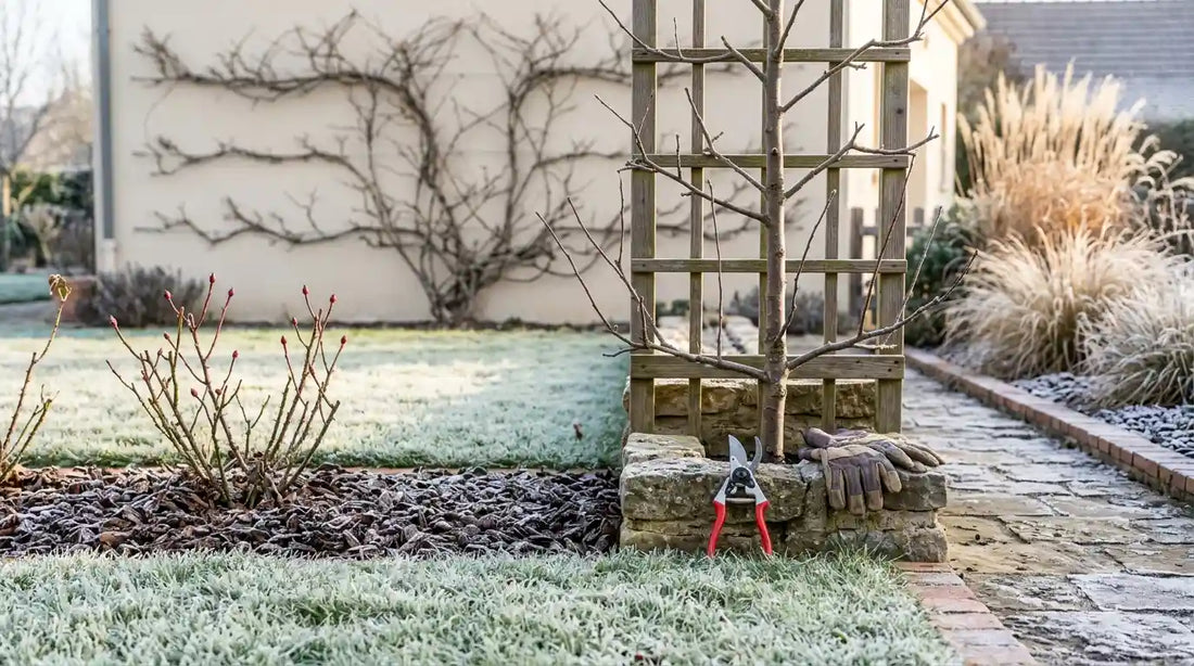 Jardin en hiver un matin de gelée : rosier taillé aux bourgeons rouges sur paillis d’écorces, jeune arbre fruitier palissé, sécateur et gants sur un muret, glycine nue sur la façade et graminées givrées