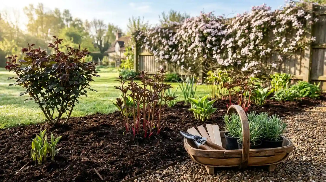 Jardin au printemps : massif paillé, pousses de pivoines, clématite montana rose sur la clôture et panier avec sécateur, étiquettes et godets de lavande