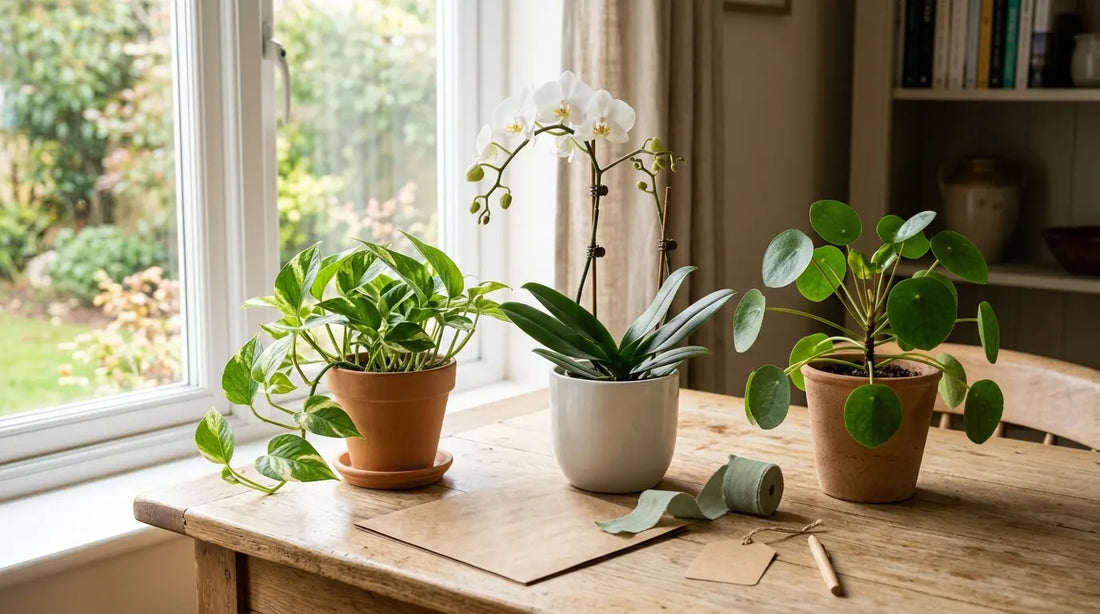 Plantes à offrir sur une table en bois : pothos panaché, orchidée Phalaenopsis blanche et Pilea, avec papier kraft, ruban et étiquette cadeau