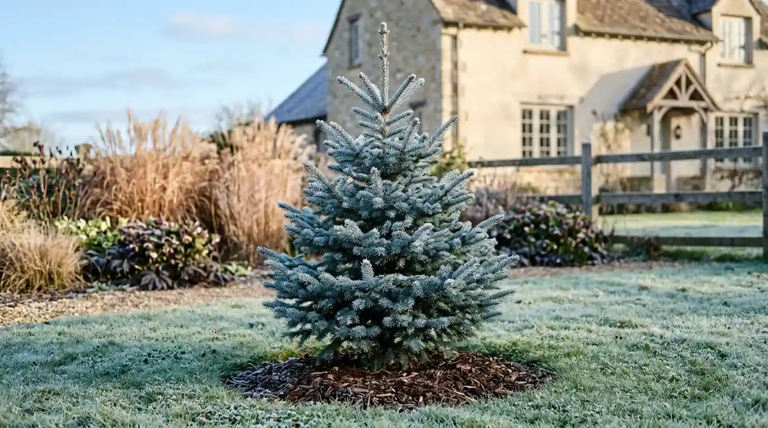 Jeune sapin bleu, épicéa bleu du Colorado Picea pungens ‘Glauca’, aux aiguilles bleu argenté, planté en isolé sur une pelouse givrée avec un paillis d’écorce à son pied