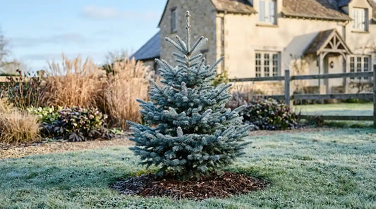 Jeune sapin bleu, épicéa bleu du Colorado Picea pungens ‘Glauca’, aux aiguilles bleu argenté, planté en isolé sur une pelouse givrée avec un paillis d’écorce à son pied
