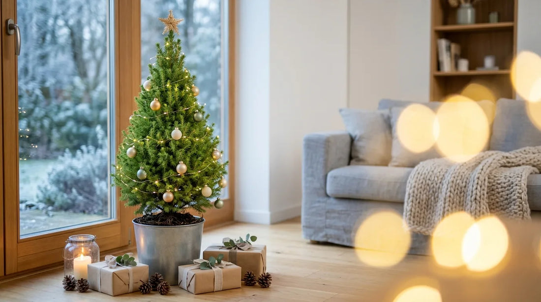 Sapin de Noël vivant en pot : épicéa Picea glauca 'Conica' en pot zinc décoré de guirlandes lumineuses et de boules, près d'une baie vitrée donnant sur un jardin givré, cadeaux en papier kraft au pied