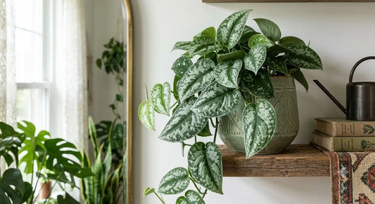 **Plante d'intérieur Scindapsus pictus (Pothos argenté) retombante depuis un pot en céramique verte posé sur une étagère en bois, dans un décor intérieur lumineux avec un miroir en arrière-plan.