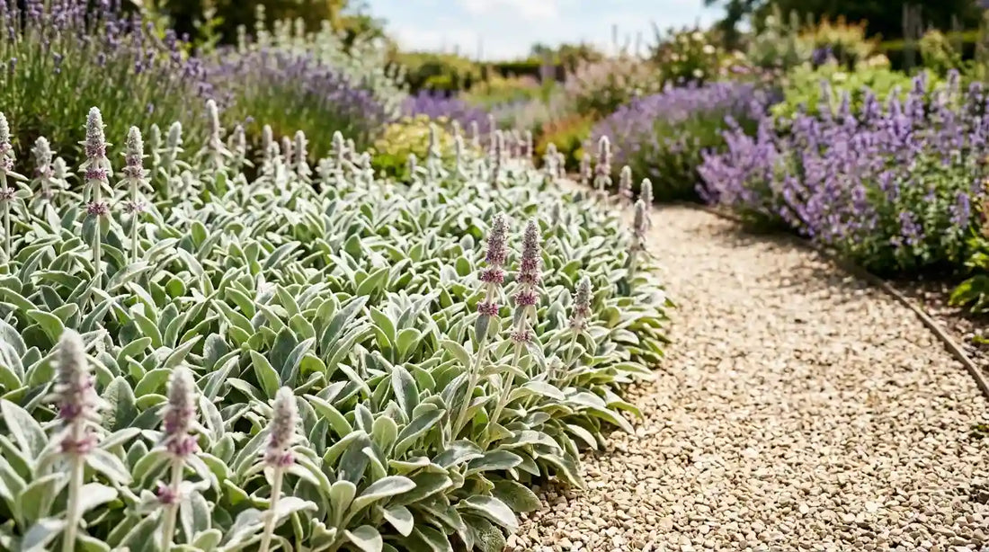 Épiaire laineuse (Stachys byzantina) au feuillage argenté duveteux et épis roses le long d'une allée de gravier.
