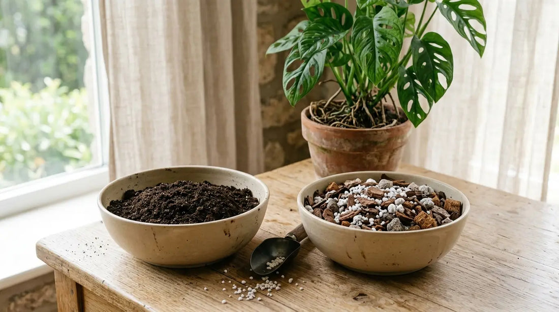 Terreau ou substrat : bol de terreau fin brun foncé à côté d'un substrat d'écorce, perlite et pierre ponce, Monstera adansonii en pot