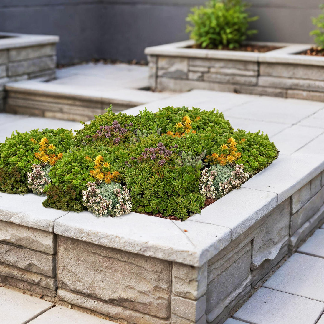 Tapis de Sedum composé de dix variétés d'orpins aux feuillages variés, installé dans un parterre surélevé en pierre
