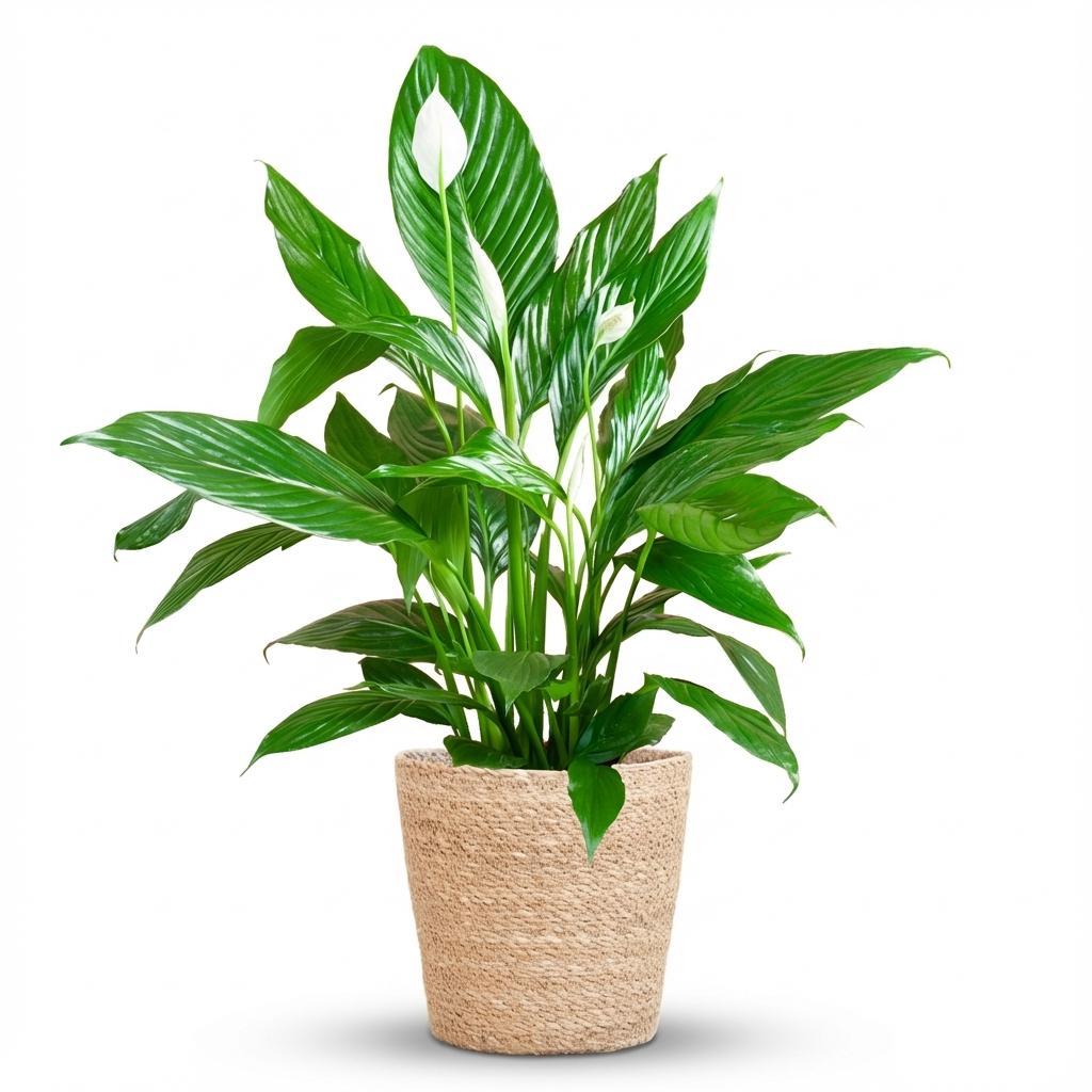 Spathiphyllum en pot, fleur de lune aux feuilles vert foncé brillantes et aux fleurs formées d'une spathe blanche entourant un spadice crème