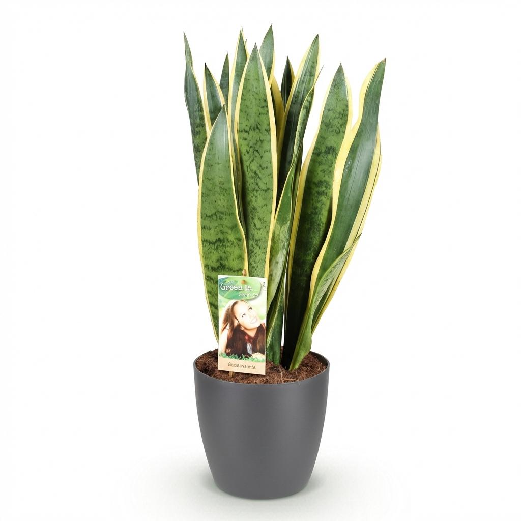 Sansevieria 'Laurentii' en pot de 17 cm, langue de belle-mère aux feuilles dressées rayées de vert foncé et bordées de jaune