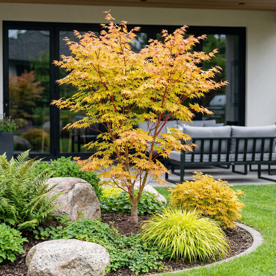Érable du Japon 'Sangokaku' au feuillage jaune-orangé flamboyant en automne, dans un jardin paysager avec rochers.