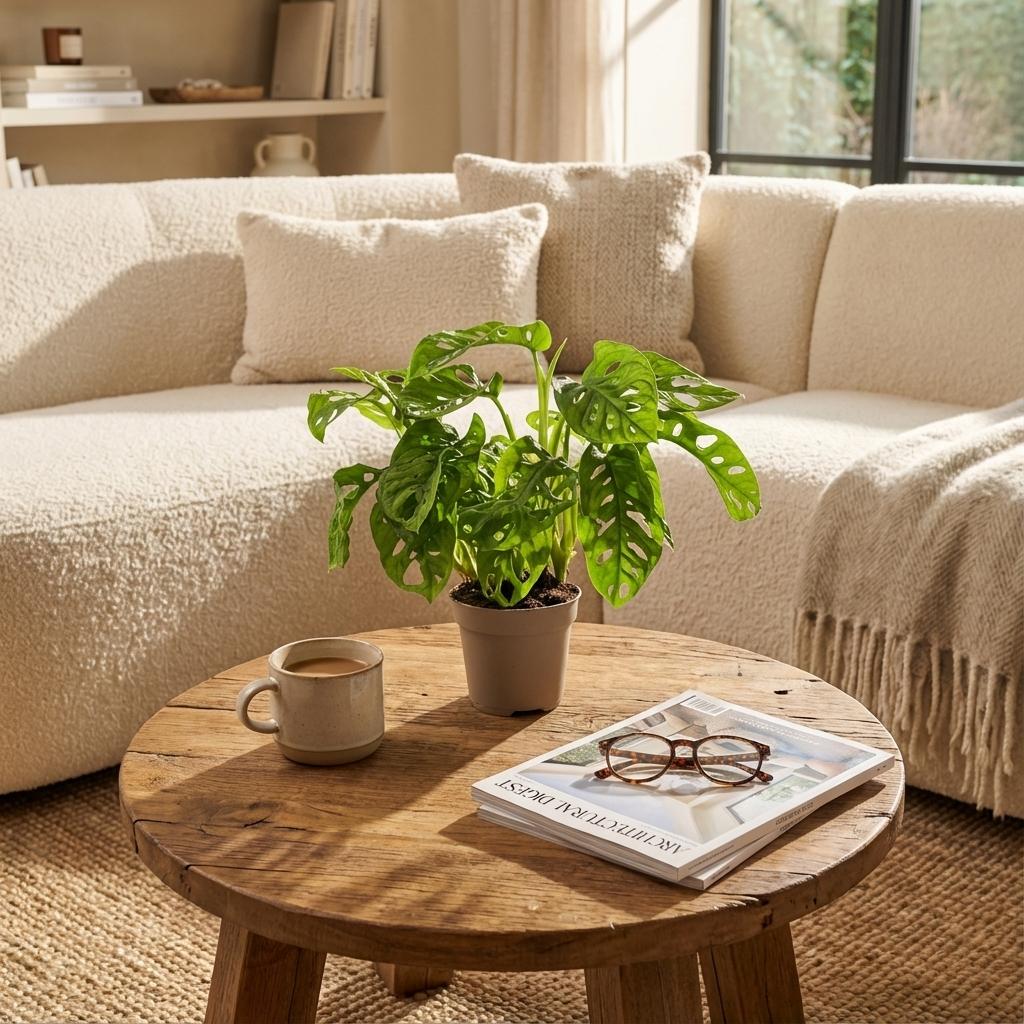 Monstera adansonii aux feuilles perforées dans un pot beige, sur une table basse en bois d'un salon cosy
