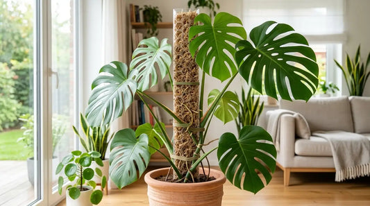 Monstera deliciosa cultivée sur un tuteur mousse en sphaigne alvéolé dans un salon.