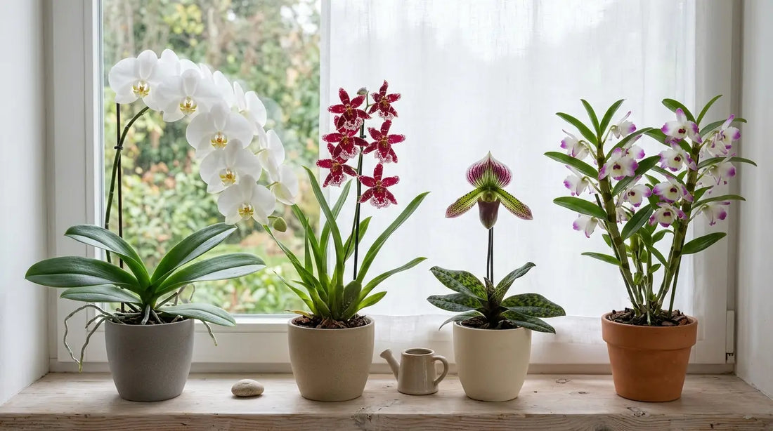 Variétés d'orchidées sur un rebord de fenêtre : Phalaenopsis blanche, Cambria rouge, sabot de Vénus Paphiopedilum et Dendrobium rose et blanc