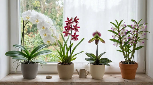 Variétés d'orchidées sur un rebord de fenêtre : Phalaenopsis blanche, Cambria rouge, sabot de Vénus Paphiopedilum et Dendrobium rose et blanc
