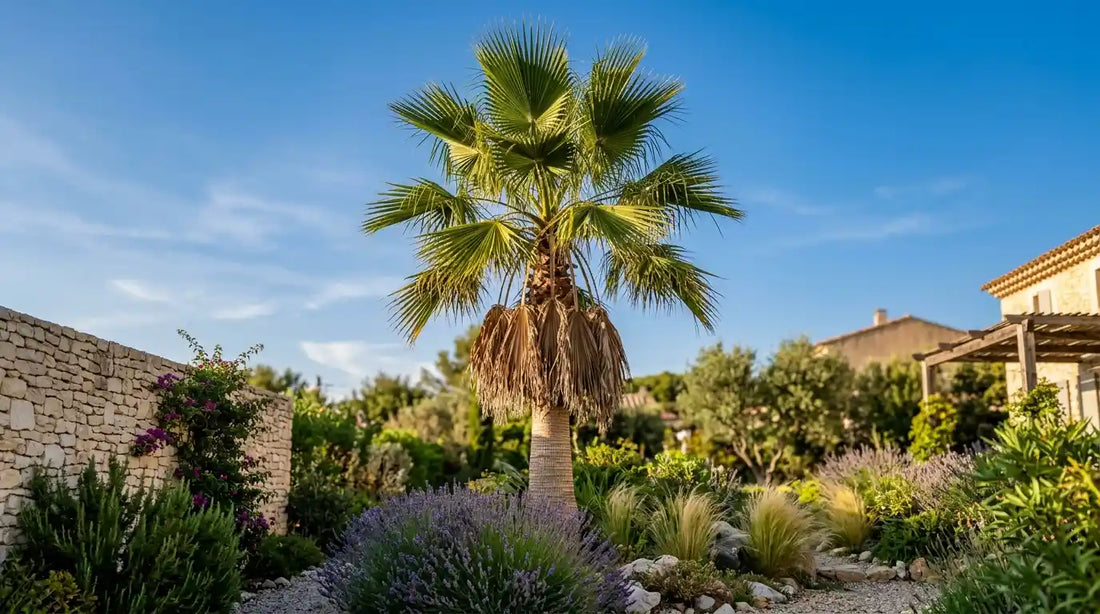 Palmier Washingtonia robusta avec sa jupe de palmes sèches sous une couronne de palmes en éventail, dans un jardin méditerranéen fleuri de lavandes