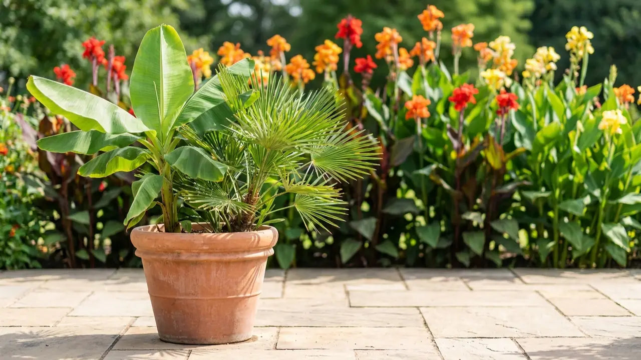 Un bananier Musa et un palmier dans un pot en terre cuite sur une terrasse avec des fleurs colorées