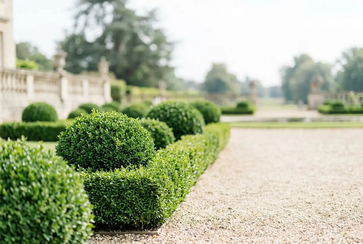 Buis (Buxus) taillé en boule et en haie basse persistante bordant une allée de jardin structuré.