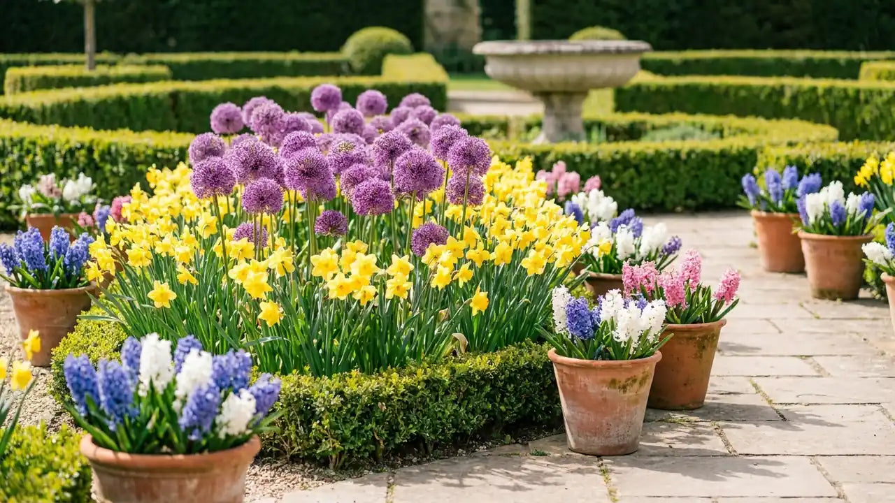 Massif fleuri de bulbes à planter au printemps, avec des alliums violets et des jonquilles jaunes en pleine terre
