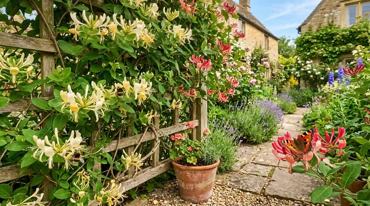 Chèvrefeuille grimpant (Lonicera) en fleurs crème et rose grimpant sur un treillis en bois dans un jardin fleuri ensoleillé