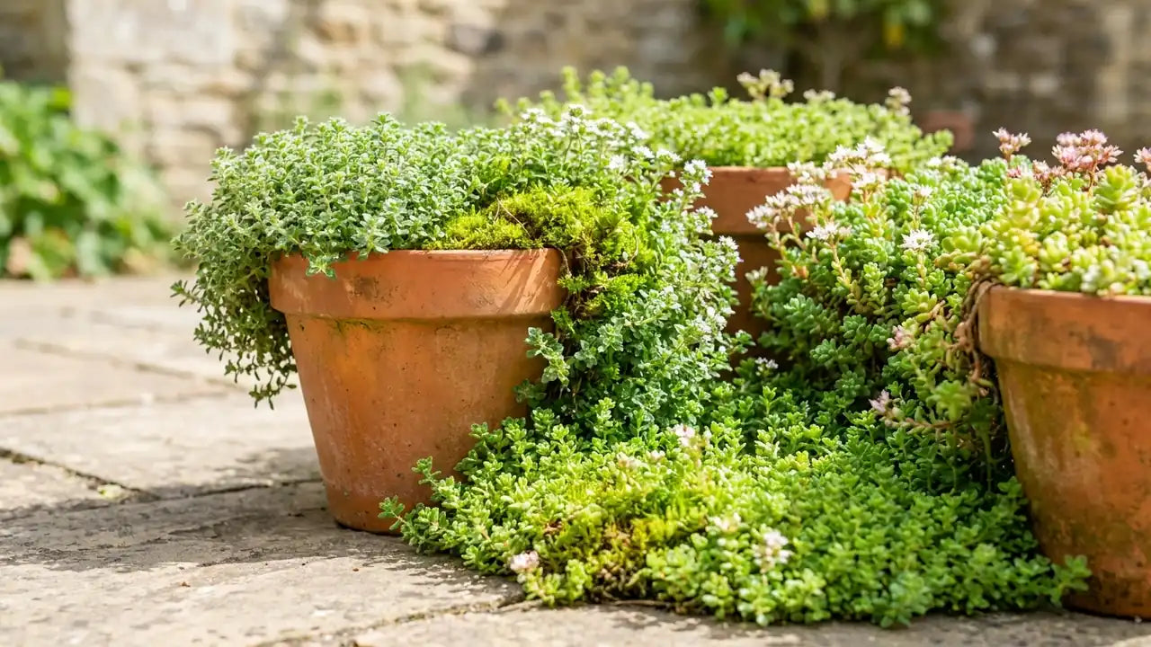 Trois pots en terre cuite remplis de divers couvre-sols verts, certains avec de petites fleurs blanches ou roses