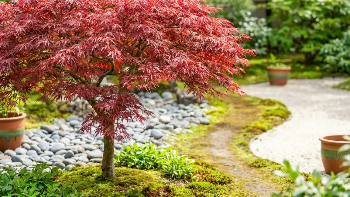 Petit érable du Japon aux feuilles rouges vif dans un jardin japonais avec un chemin de gravier et des pots en terre